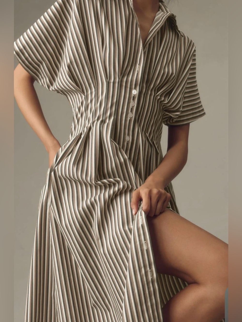 Striped Button-Front Shirt Dress in Beige